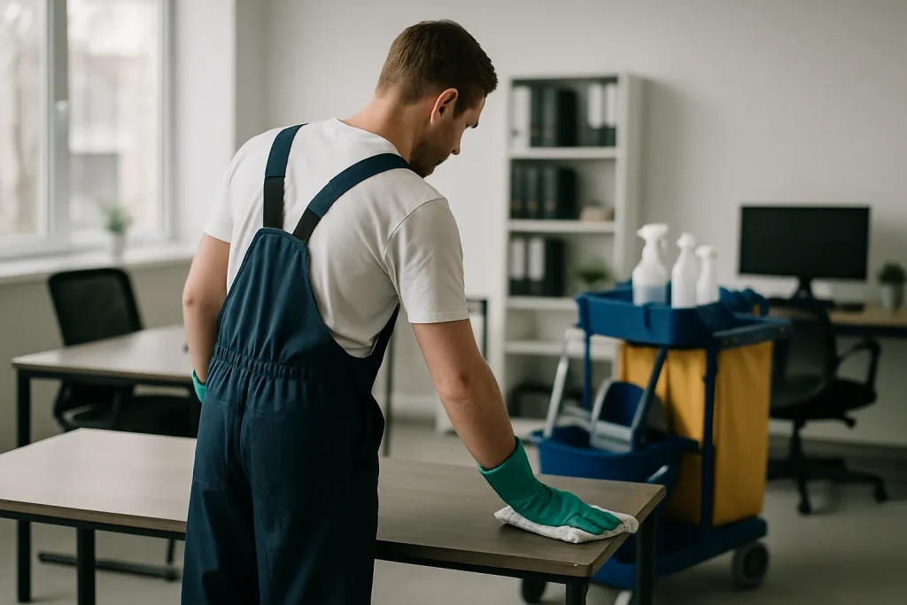 Équipe de nettoyage professionnelle dans un bureau moderne à Saint-Dizier, montrant l'efficacité du service.