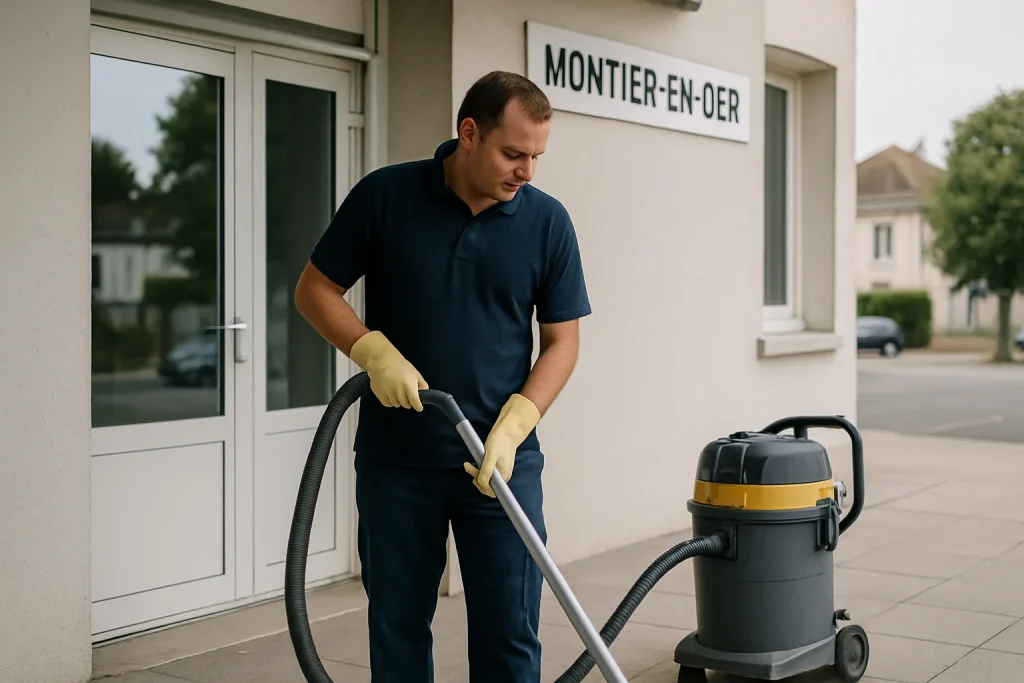 Équipe de nettoyage effectuant des tâches dans un appartement à Montier-en-Der.