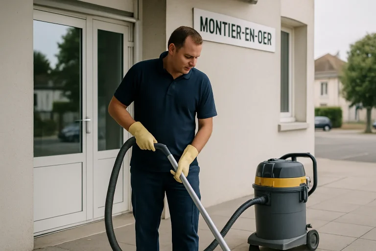 Équipe de nettoyage effectuant des tâches dans un appartement à Montier-en-Der.
