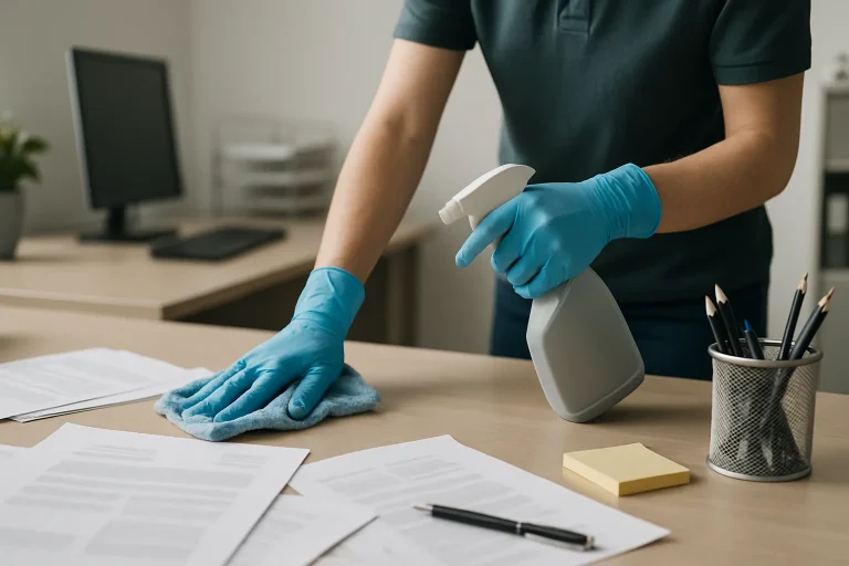 Mains utilisant des outils de nettoyage dans un bureau avec des papiers et fournitures.