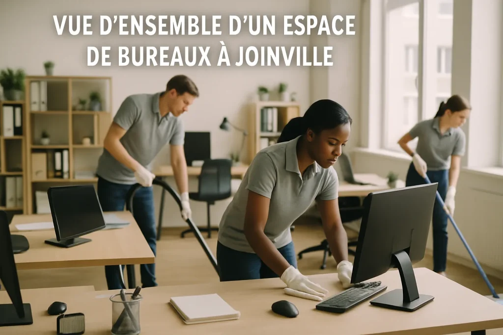 Équipe de nettoyage effectuant des tâches dans un bureau à Joinville, lumière douce.