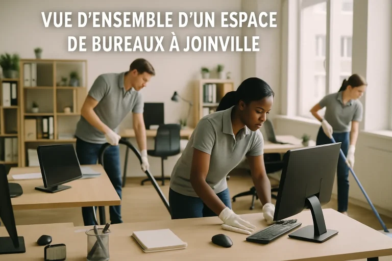 Équipe de nettoyage effectuant des tâches dans un bureau à Joinville, lumière douce.