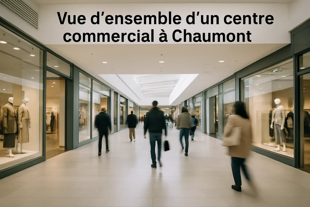 Centre commercial à Chaumont avec vitrines modernes et passants flous