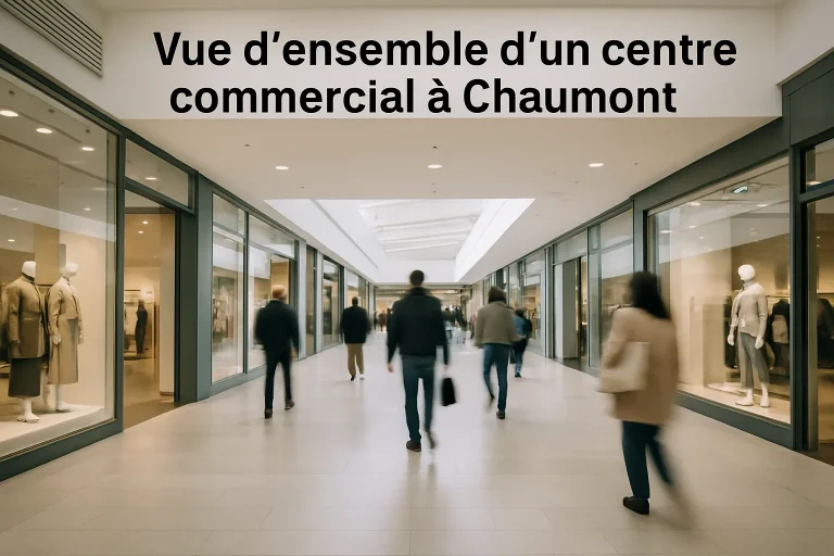 Centre commercial à Chaumont avec vitrines modernes et passants flous