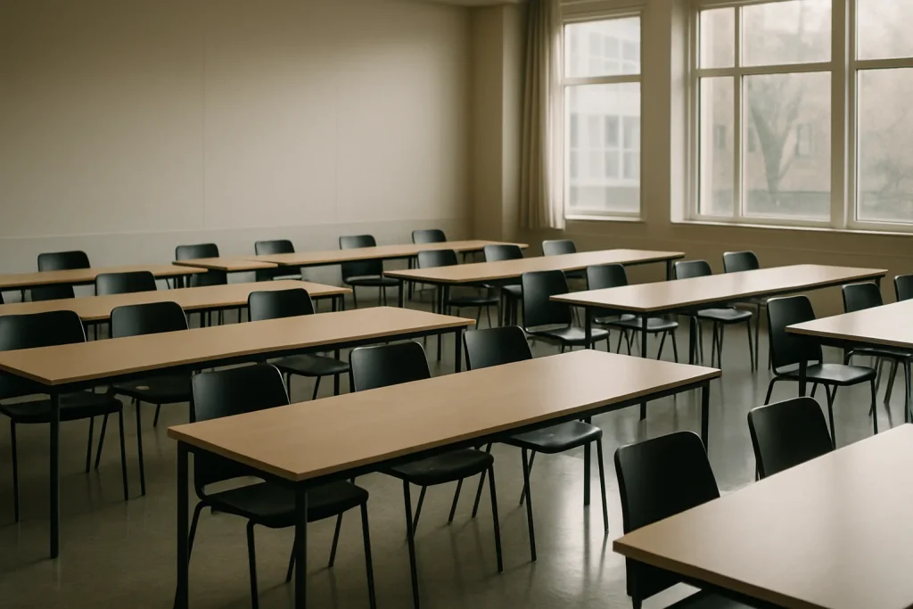 Salle de réunion vide avec tables et chaises, lumière douce entrant par les fenêtres.