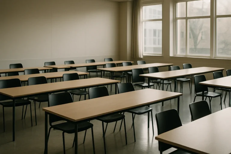 Salle de réunion vide avec tables et chaises, lumière douce entrant par les fenêtres.