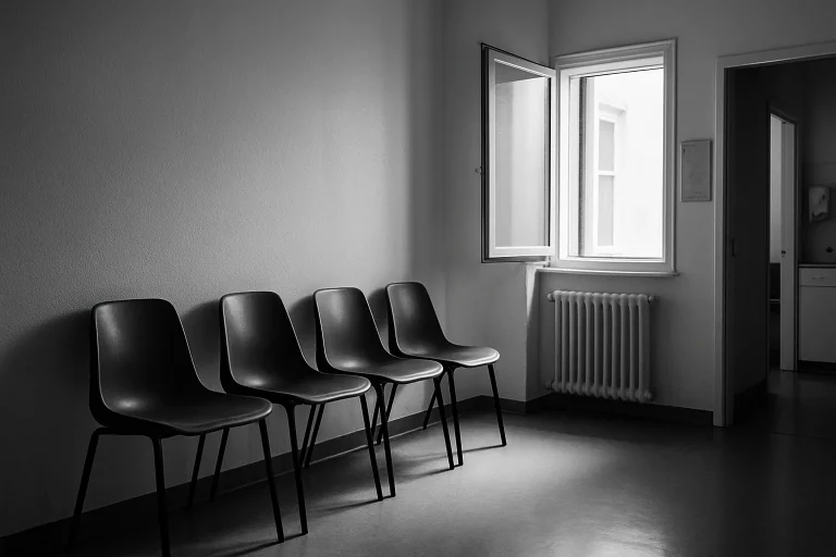 Salle d'attente vide d'un cabinet médical en noir et blanc, chaises alignées, fenêtre ouverte.