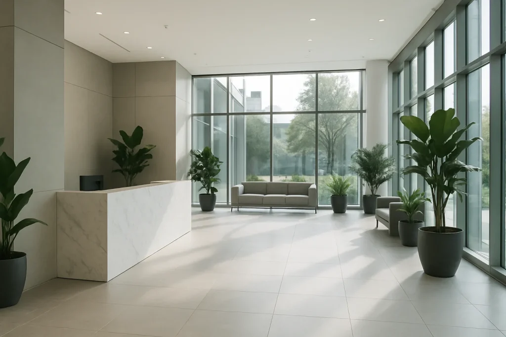 Hall d'entrée d'un siège social moderne à Chaumont, avec réception en marbre et plantes vertes.