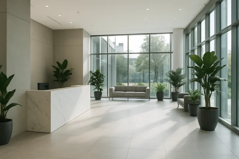 Hall d'entrée d'un siège social moderne à Chaumont, avec réception en marbre et plantes vertes.