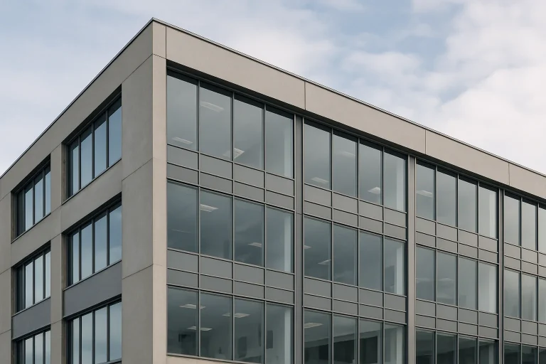 Façade de bâtiment de bureaux en verre et béton à Saint-Dizier, éclairée par la lumière du jour.
