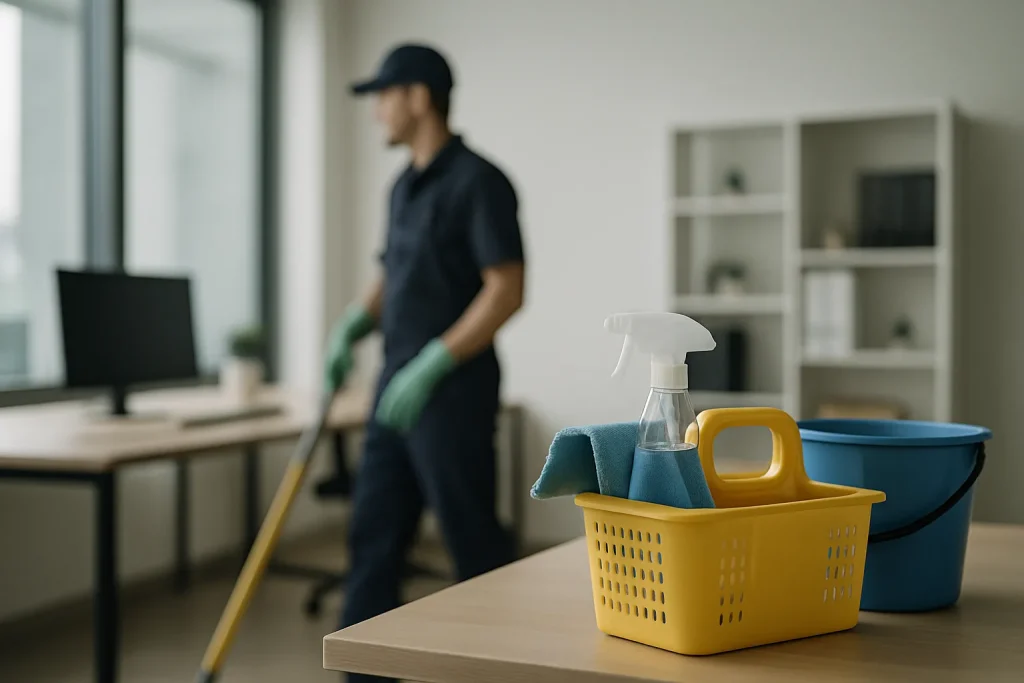 Silhouette floue d'un technicien en uniforme dans un bureau moderne avec outils de nettoyage.