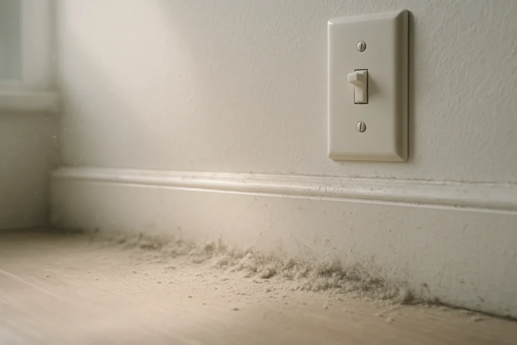 Gros plan d'une plinthe et d'un interrupteur poussiéreux dans un bureau bien éclairé