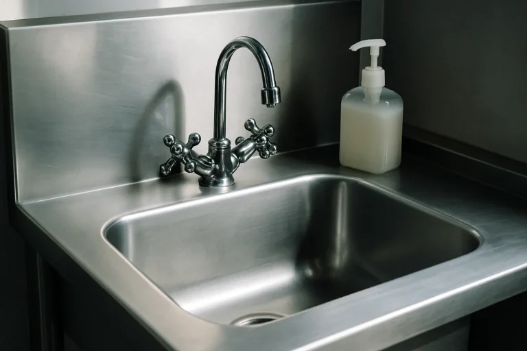 Lavabo en acier inoxydable avec robinet chromé et savon liquide en bureau.