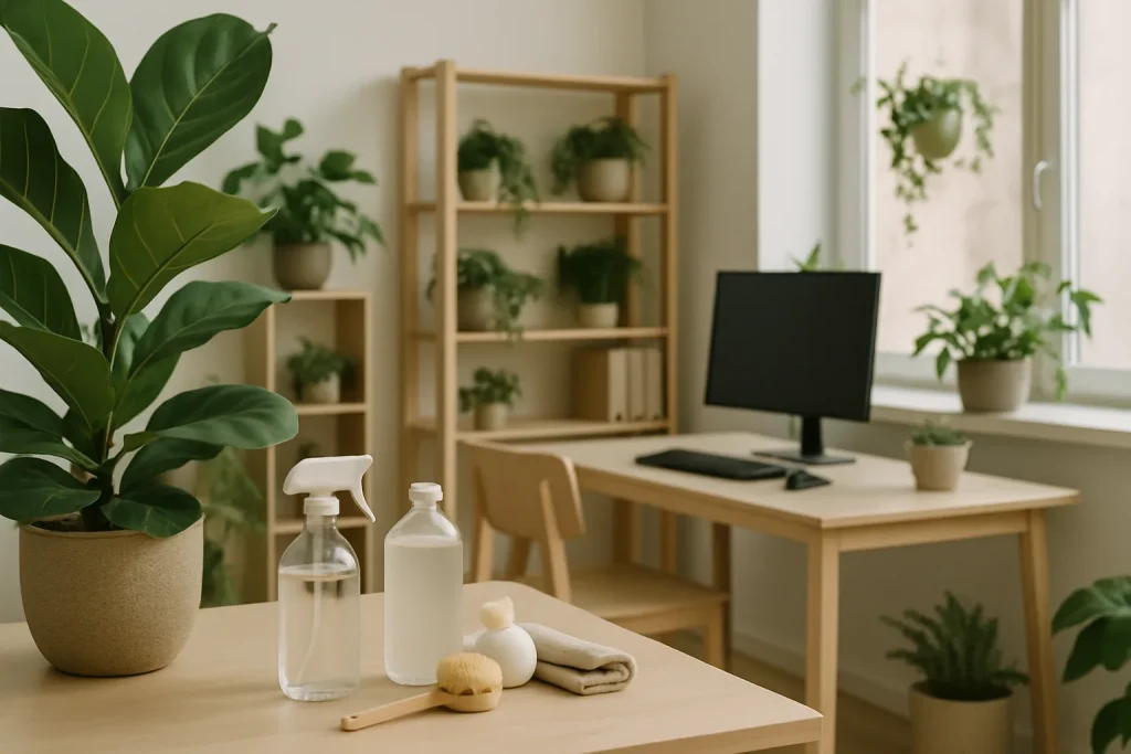 Bureau moderne à Joinville avec plantes vertes et équipements de nettoyage écologique visibles.