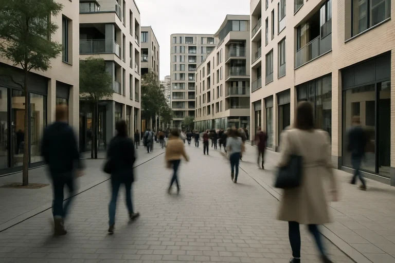 Rue animée à Langres avec bâtiments modernes en arrière-plan.