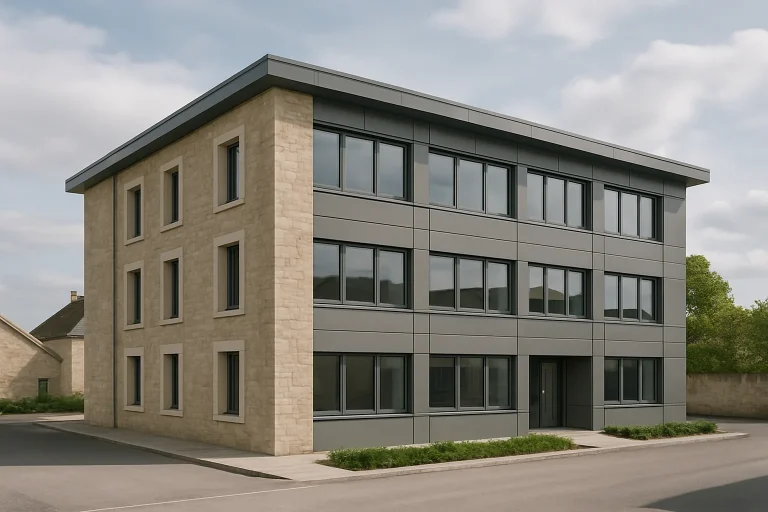 Vue d'un immeuble de bureaux à Langres par temps nuageux, architecture moderne.
