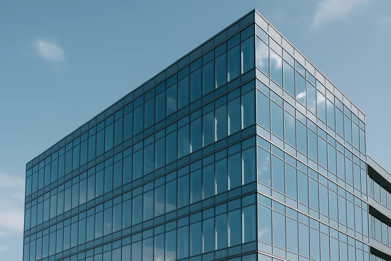Façade d'un immeuble de bureaux avec des vitres éclatantes sous un ciel bleu.