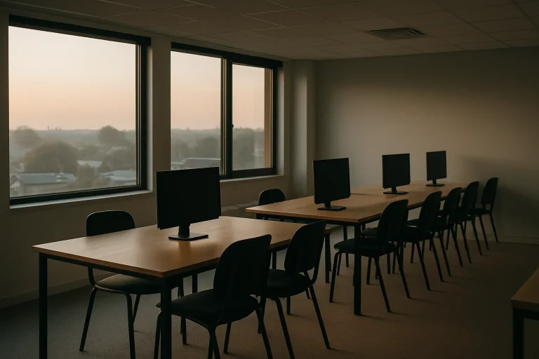 Bureau vide à Chaumont à l'aube, préparé pour le nettoyage.