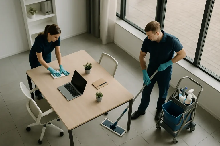 Équipe de nettoyage en uniforme travaillant dans un bureau moderne à Chaumont, avec lumière naturelle.