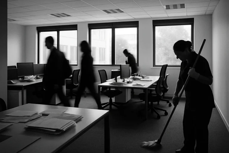 Silhouettes de personnes nettoyant un bureau à Nogent, en noir et blanc