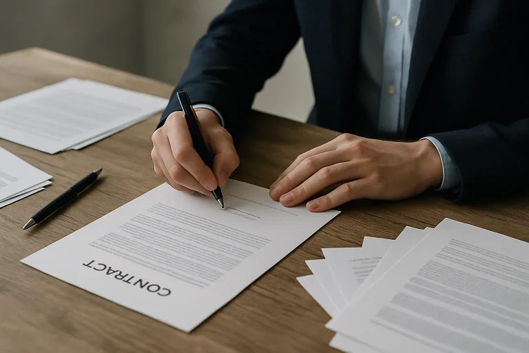 Deux mains signant un contrat de nettoyage sur une table, stylos et documents présents.