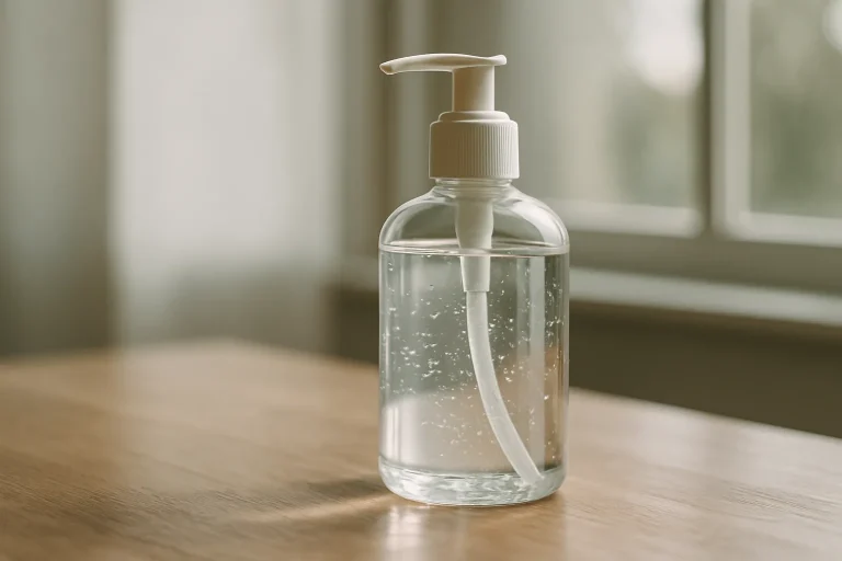 Flacon de désinfectant transparent posé sur une table en bois avec lumière naturelle.