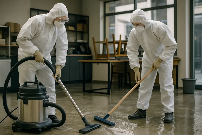 Deux techniciens en combinaison nettoyant un sol humide dans un commerce, outils visibles.