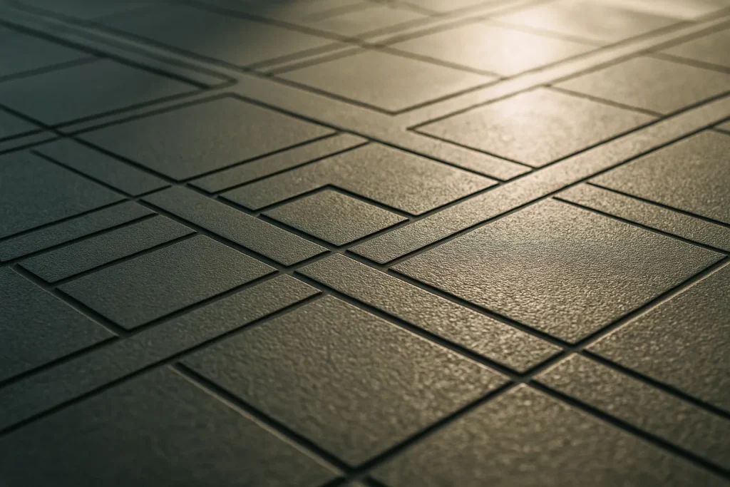 Gros plan d'une surface de sol technique avec motifs géométriques sous lumière naturelle.