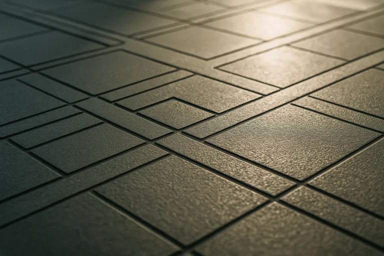 Gros plan d'une surface de sol technique avec motifs géométriques sous lumière naturelle.