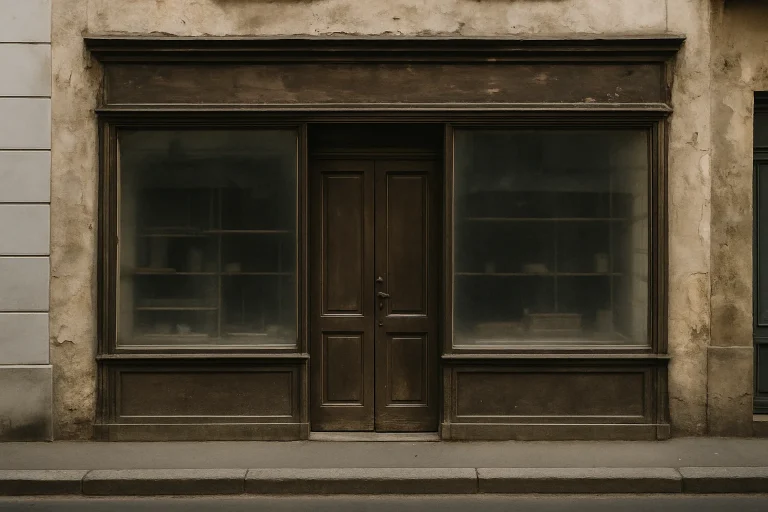 Façade d'un magasin poussiéreux après une longue fermeture, lumière du jour.