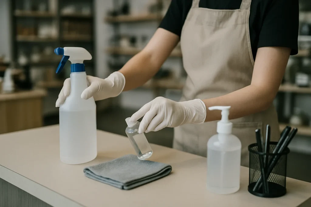 Mains en gants utilisant des produits de désinfection dans un commerce.