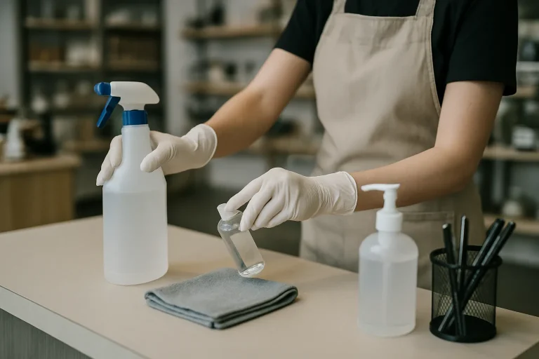 Mains en gants utilisant des produits de désinfection dans un commerce.