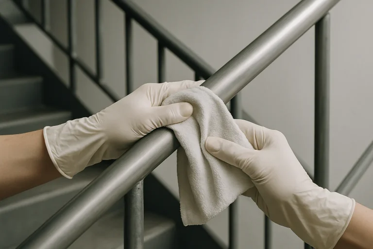 Deux mains en gants nettoyant une rampe d'escalier métallique avec un chiffon.