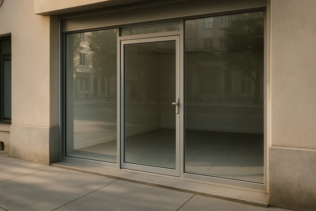 Vitrine d'un local commercial propre en Haute-Marne, éclairage matinal.