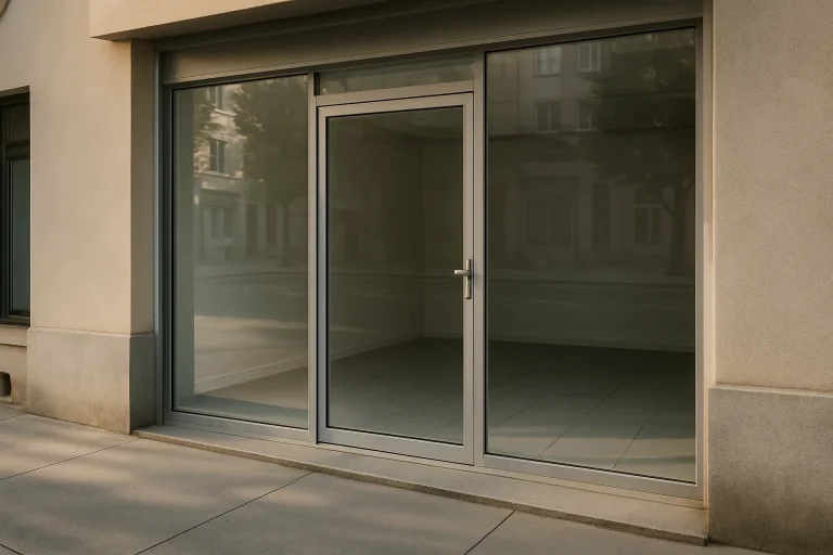Vitrine d'un local commercial propre en Haute-Marne, éclairage matinal.