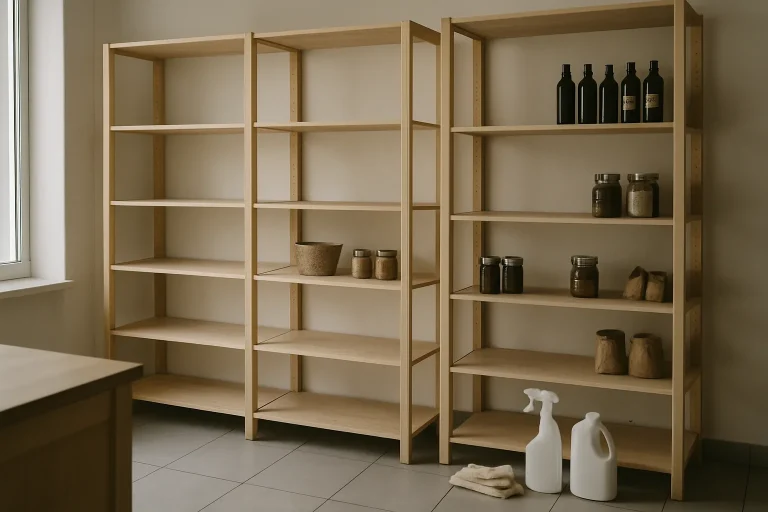 Des étagères de boutique avec quelques produits restants, ambiance de préparation au nettoyage.