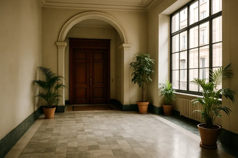 Hall d'entrée d'immeuble ancien avec sol en marbre et lumière naturelle.