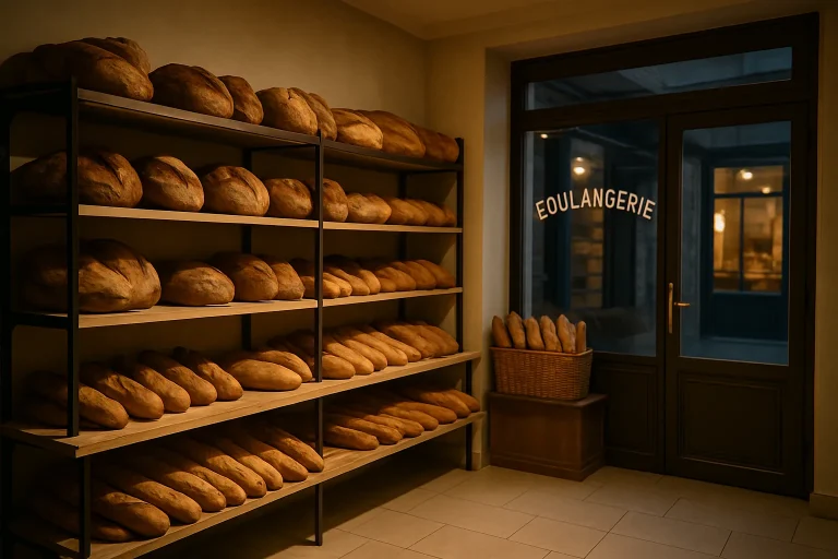 Intérieur d'une boulangerie à Chaumont, étagères de pains, ambiance du soir.