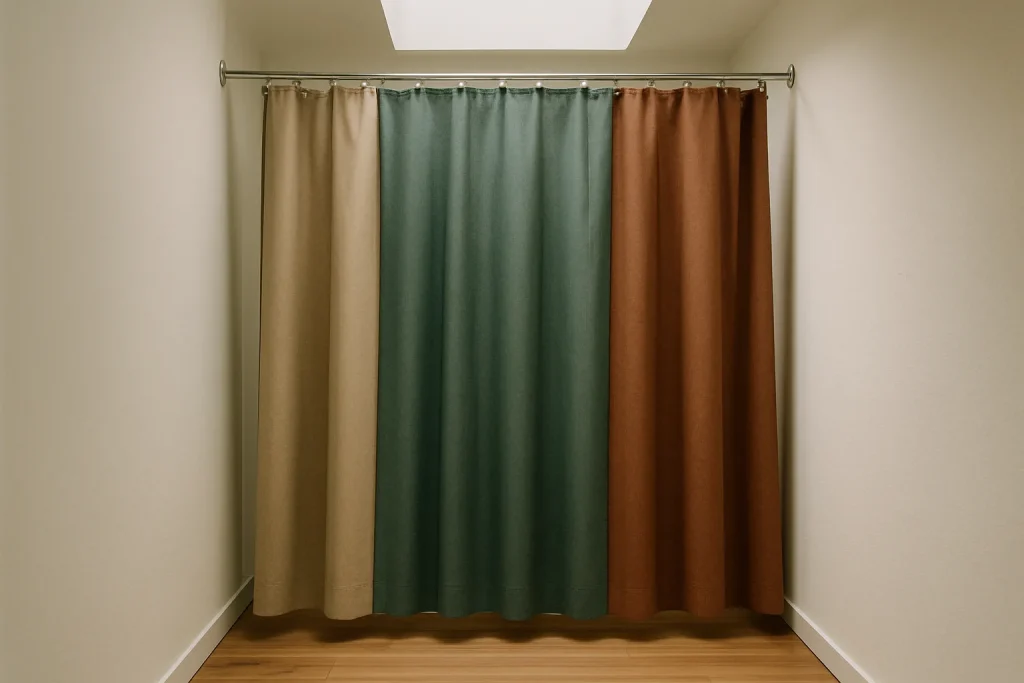 Cabine d'essayage vide avec rideaux colorés et sol en bois, lumière naturelle