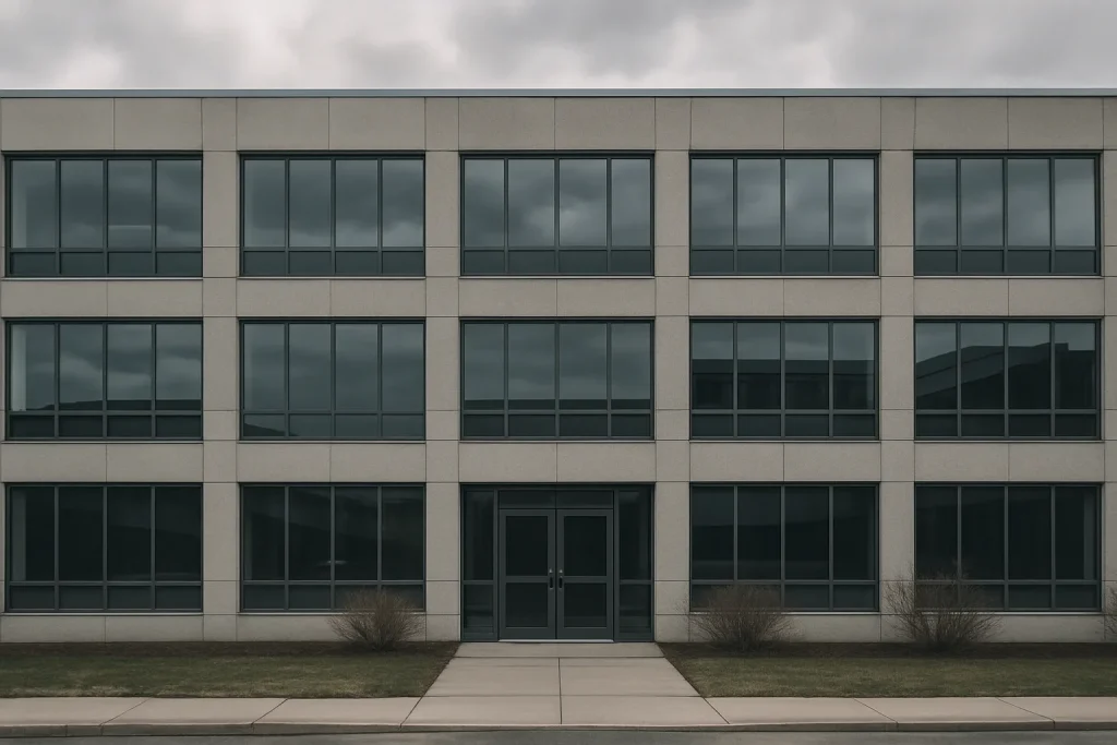 Façade d'un immeuble de bureaux avec une porte fermée sous un ciel nuageux.