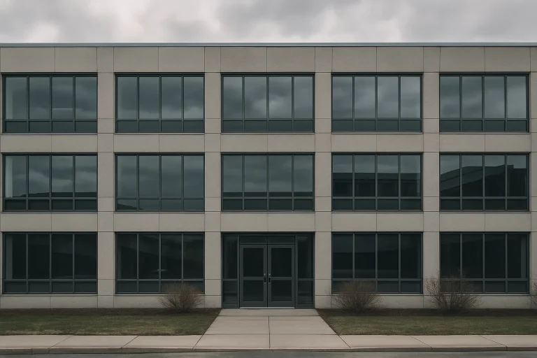 Façade d'un immeuble de bureaux avec une porte fermée sous un ciel nuageux.