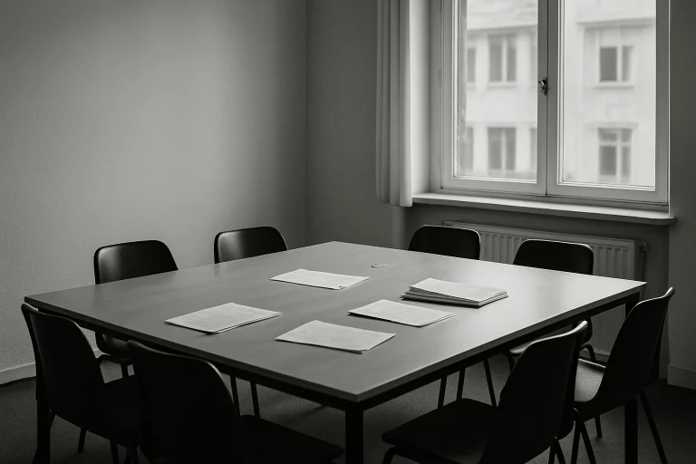 Salle de réunion de copropriété avec table, chaises et documents en noir et blanc.