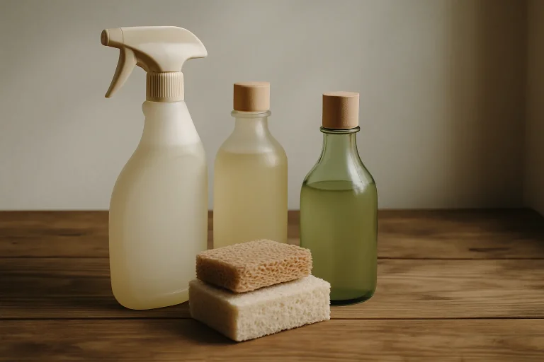 Produits de nettoyage écologiques et inodores sur une table en bois, lumière douce
