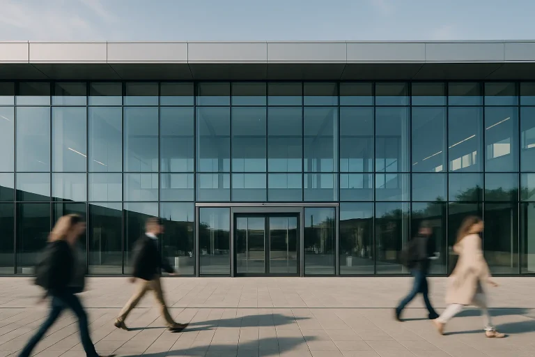 Façade en verre d'un bâtiment commercial moderne, personnes floues en mouvement devant.
