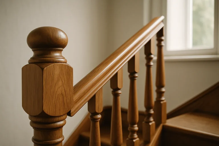 Gros plan d'une balustrade en bois dans une copropriété éclairée naturellement