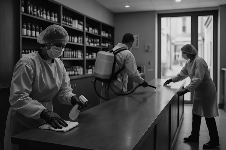 Comptoir de commerce à Saint-Dizier désinfecté par une équipe professionnelle en noir et blanc.