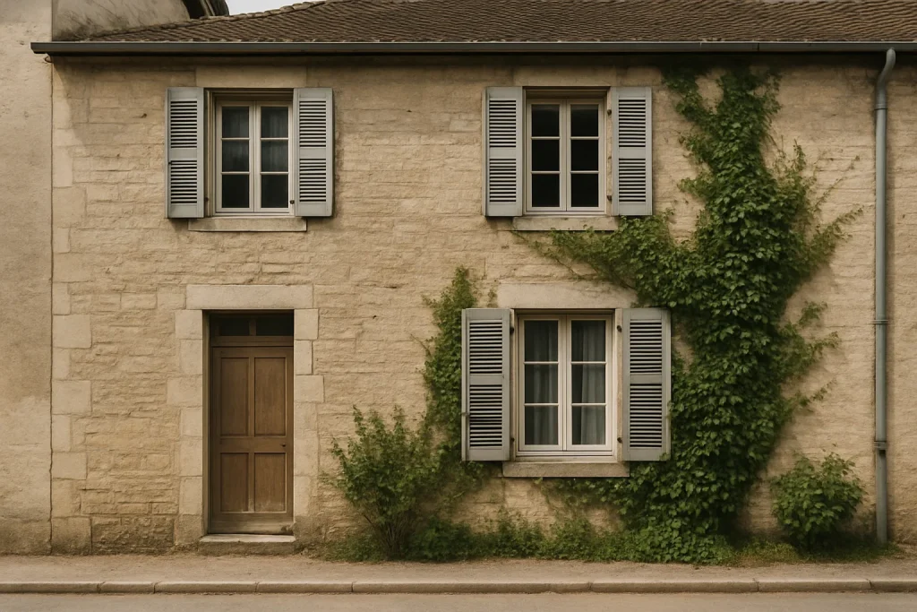 Immeuble résidentiel en Haute-Marne avec façade en pierre et plantes grimpantes.