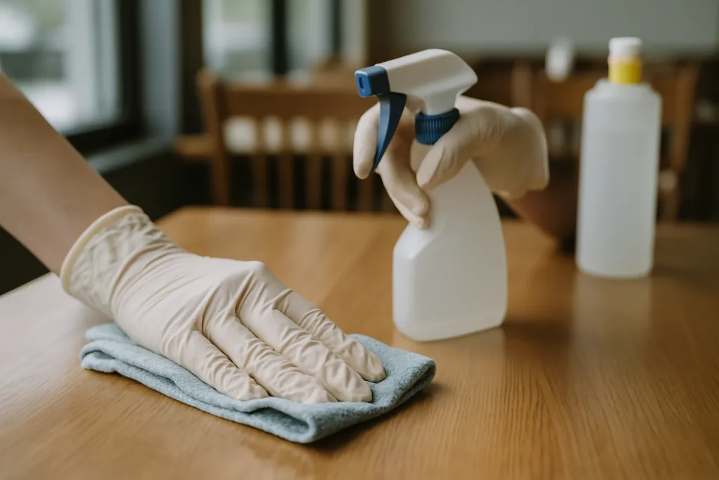 Mains gantées nettoyant une table de restaurant avec des produits de nettoyage visibles.