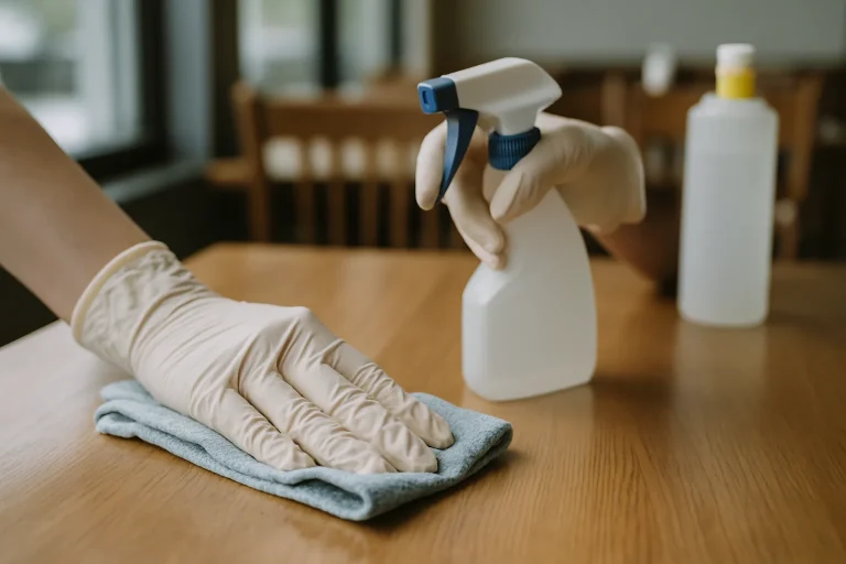 Mains gantées nettoyant une table de restaurant avec des produits de nettoyage visibles.