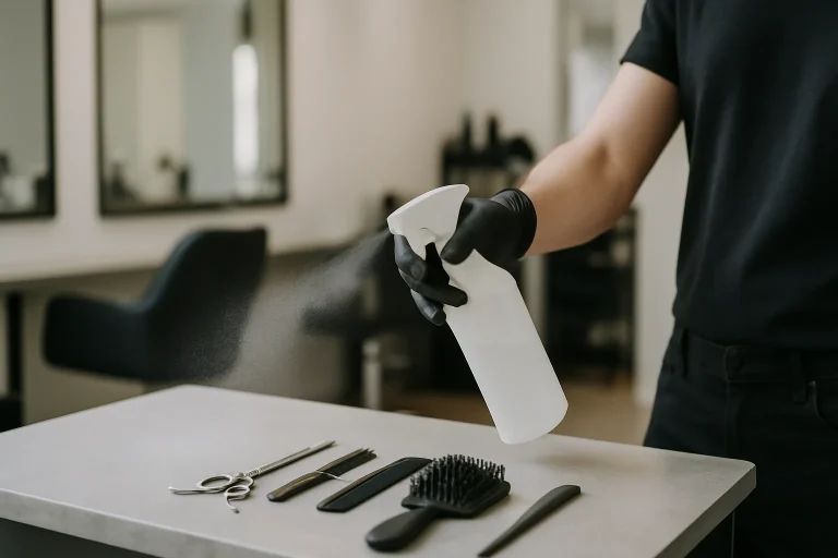 Main gantée vaporisant un désinfectant sur un comptoir dans un salon de coiffure